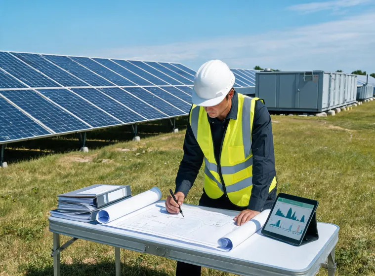 Renewable energy engineer reviewing field documentation