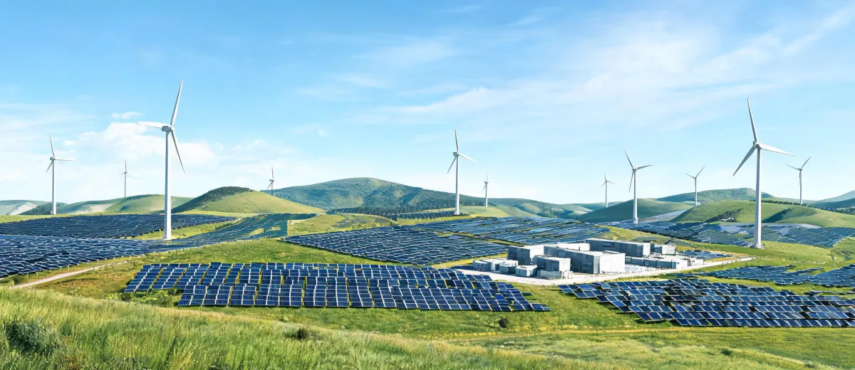 Renewable energy project landscape with solar, wind and battery storage